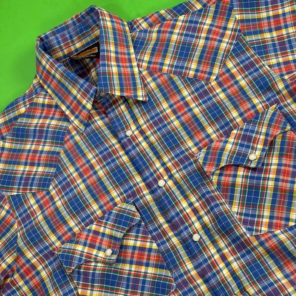 VTG Holt Western Pearl Snap Shirt Mens M Blue Plaid Short Sleeve Cowboy Rodeo